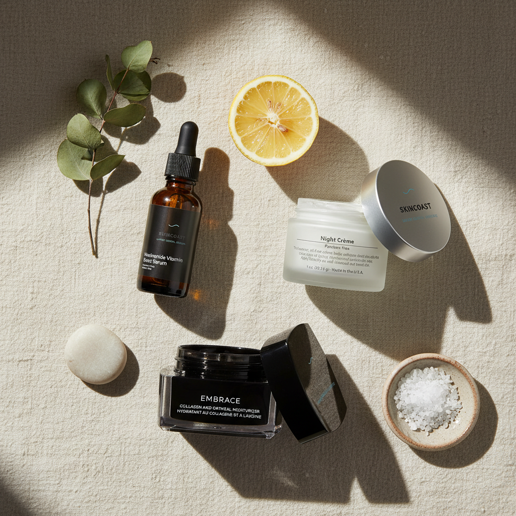 SKIN COAST products flat lay with ocean stones and eucalyptus